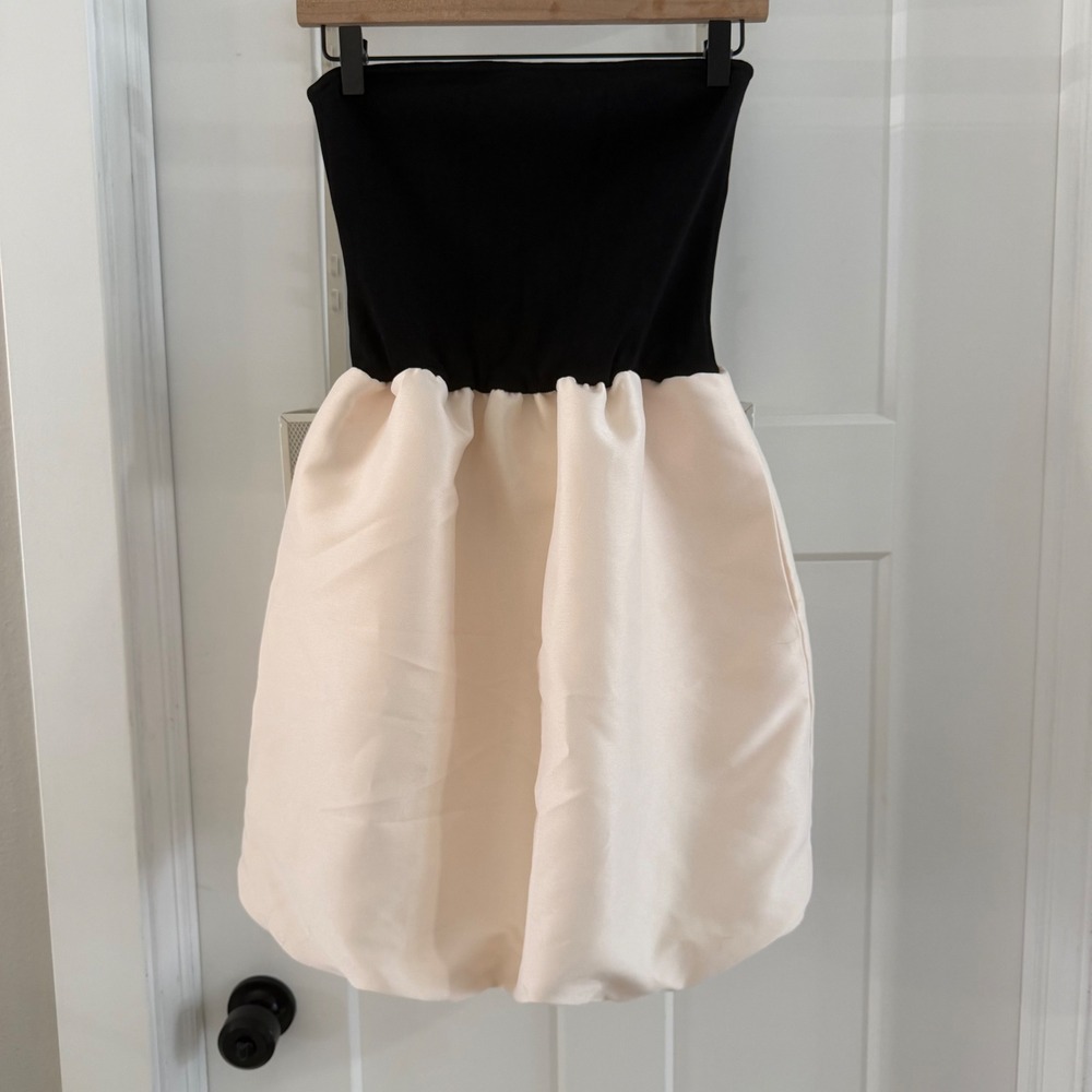 Endless Rose Black Ribbed Bodice Cream Bubble Hem Strapless Mini Dress